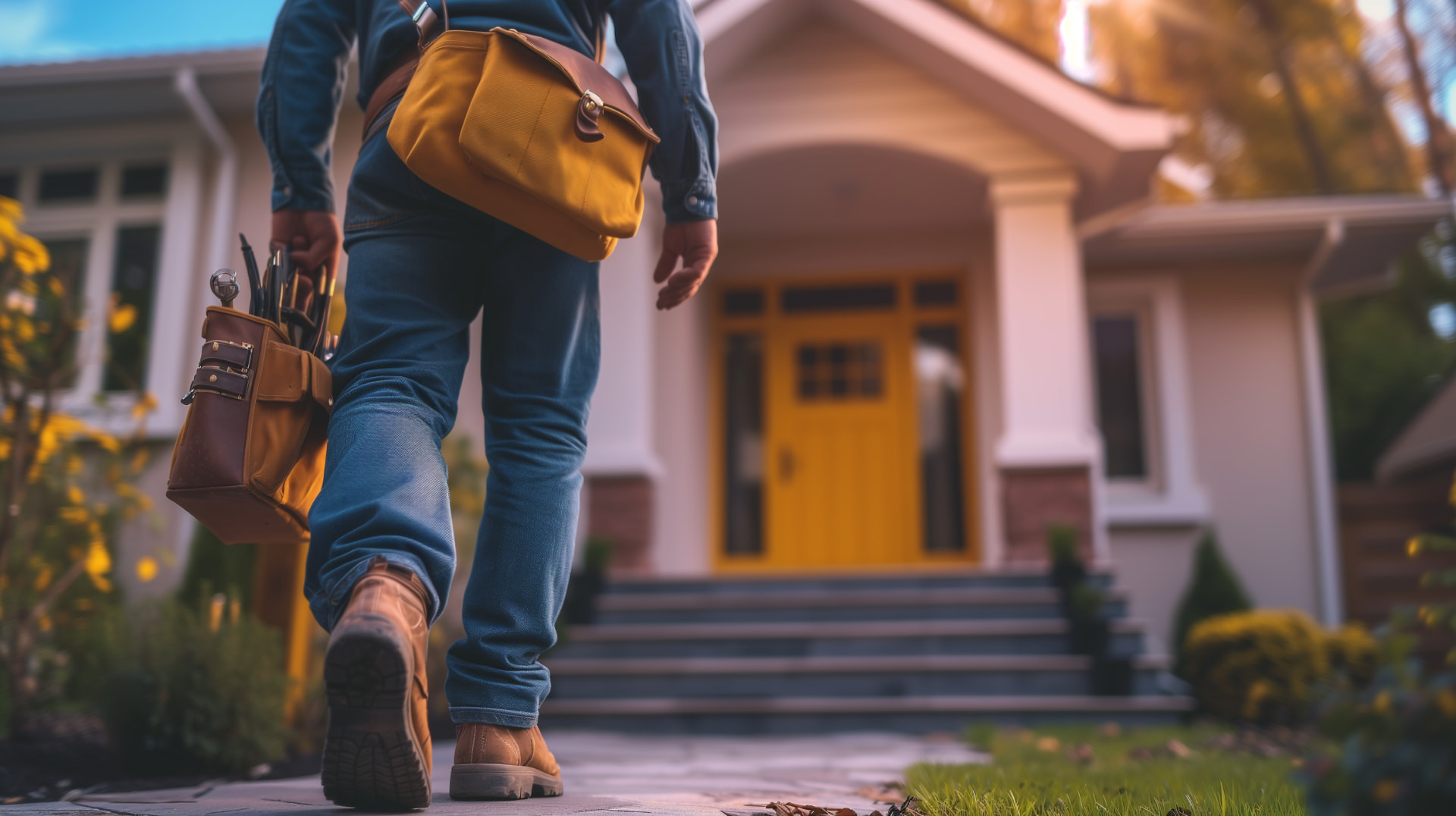 A handyman arriving at a home with a tool bag, ready to work